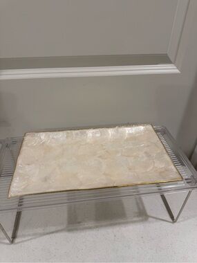 Vintage Elegant Cream Capiz Vanity Tray with Gold Trim ~ 12“ x 7“